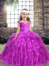  Organza Straps Sleeveless Lace Up Beading and Ruffles Little Girls Pageant Dress in Fuchsia