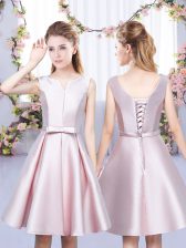  Baby Pink A-line Bowknot Quinceanera Dama Dress Lace Up Satin Sleeveless Mini Length