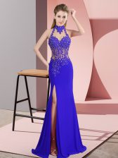 Eye-catching Royal Blue Column/Sheath Halter Top Sleeveless Chiffon Floor Length Backless Lace and Appliques Prom Evening Gown