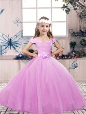 Custom Fit Sleeveless Lace Up Floor Length Lace and Belt Pageant Gowns For Girls