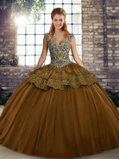 Fantastic Brown Ball Gowns Straps Sleeveless Tulle Floor Length Lace Up Beading and Appliques Sweet 16 Dress