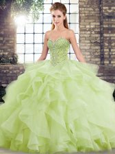  Yellow Green Ball Gowns Sweetheart Sleeveless Tulle Brush Train Lace Up Beading and Ruffles 15th Birthday Dress