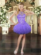 On Sale Lavender Ball Gowns Halter Top Sleeveless Tulle Mini Length Lace Up Beading and Ruffles Homecoming Dress