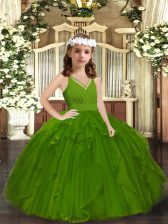  Olive Green Sleeveless Ruffles Floor Length Little Girl Pageant Gowns