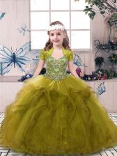 Trendy Ball Gowns Girls Pageant Dresses Olive Green Straps Tulle Sleeveless Floor Length Lace Up