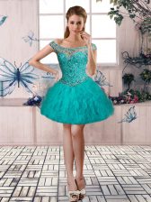  Turquoise Ball Gowns Tulle Off The Shoulder Sleeveless Beading and Ruffles Mini Length Lace Up Prom Dresses