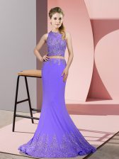Nice Lavender Evening Dress Satin Sweep Train Sleeveless Beading and Appliques