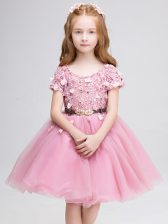 Sweet Pink Short Sleeves Tulle Lace Up Flower Girl Dresses for Less for Wedding Party