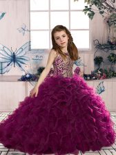 Fancy Sleeveless Lace Up Floor Length Beading and Ruffles Little Girl Pageant Dress
