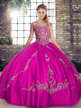  Fuchsia Lace Up Off The Shoulder Beading and Embroidery Ball Gown Prom Dress Tulle Sleeveless