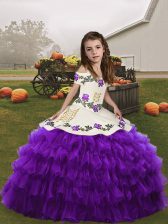  Sleeveless Organza Floor Length Lace Up Pageant Dress for Teens in Eggplant Purple with Embroidery and Ruffled Layers