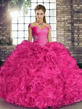 Decent Sleeveless Organza Floor Length Lace Up Quince Ball Gowns in Hot Pink with Beading and Ruffles