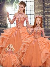 Custom Made Floor Length Lace Up Sweet 16 Quinceanera Dress Orange for Military Ball and Sweet 16 and Quinceanera with Beading and Ruffles
