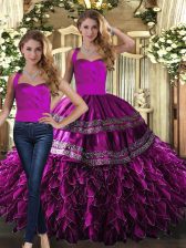  Fuchsia Halter Top Lace Up Embroidery and Ruffles Ball Gown Prom Dress Sleeveless