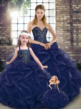 Custom Made Tulle Sweetheart Sleeveless Lace Up Beading and Ruffles Sweet 16 Dress in Navy Blue