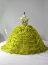  Olive Green Lace Up Quinceanera Gowns Beading and Pick Ups Sleeveless Court Train