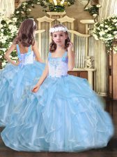 Modern Baby Blue Ball Gowns Straps Sleeveless Organza Floor Length Lace Up Beading and Ruffles Little Girl Pageant Gowns