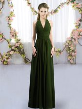 Fashionable Sleeveless Floor Length Ruching Lace Up Dama Dress with Olive Green
