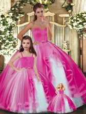 Customized Tulle Sweetheart Sleeveless Lace Up Ruffles Sweet 16 Dress in Hot Pink