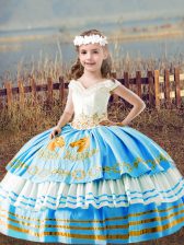  Baby Blue Ball Gowns Embroidery Little Girl Pageant Dress Lace Up Satin Sleeveless Floor Length