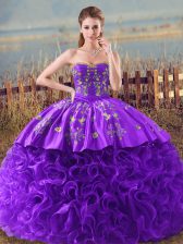 Trendy Embroidery and Ruffles Quinceanera Gowns Purple Lace Up Sleeveless Brush Train
