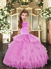  High-neck Sleeveless Little Girls Pageant Dress Wholesale Floor Length Beading and Appliques Lilac Tulle