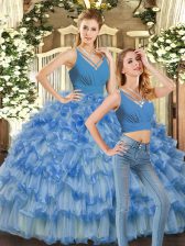 Fantastic Blue Quince Ball Gowns Sweet 16 and Quinceanera with Ruffles V-neck Sleeveless Backless