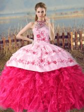 Elegant Court Train Ball Gowns Sweet 16 Quinceanera Dress Hot Pink Halter Top Organza Sleeveless Lace Up