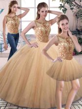 Best Selling Gold Ball Gowns Beading Quinceanera Dresses Lace Up Tulle Sleeveless Floor Length
