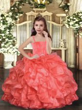 Custom Fit Coral Red Sleeveless Floor Length Ruffles Lace Up Little Girl Pageant Dress