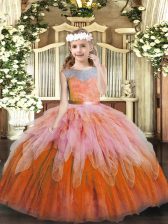  Sleeveless Floor Length Lace and Ruffles Lace Up Kids Formal Wear with Multi-color