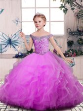 Nice Lilac Off The Shoulder Lace Up Beading and Ruffles Little Girls Pageant Dress Wholesale Sleeveless