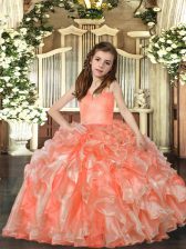 Trendy Peach Lace Up Straps Ruffles Pageant Gowns Organza Sleeveless