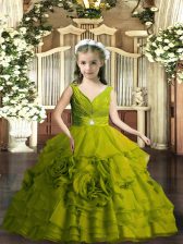  Floor Length Backless Girls Pageant Dresses Olive Green for Party and Wedding Party with Beading