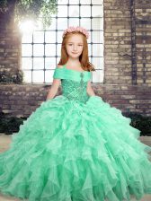  Apple Green Ball Gowns Straps Sleeveless Organza Floor Length Lace Up Beading and Ruffles Pageant Gowns For Girls