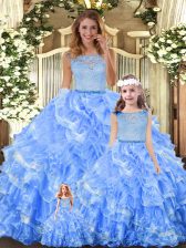  Floor Length Light Blue Sweet 16 Dresses Organza Sleeveless Lace and Ruffled Layers