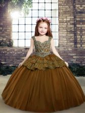 New Style Tulle Straps Sleeveless Lace Up Beading and Appliques Little Girls Pageant Dress Wholesale in Brown