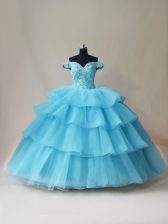  Sleeveless Organza and Tulle Floor Length Lace Up Vestidos de Quinceanera in Aqua Blue with Beading and Ruffled Layers