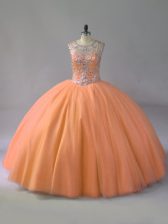 Suitable Scoop Sleeveless Quinceanera Gowns Floor Length Beading Orange Tulle
