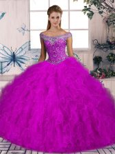 Modest Tulle Off The Shoulder Sleeveless Brush Train Lace Up Beading and Ruffles Quinceanera Dress in Fuchsia