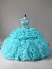 Enchanting Ball Gowns 15th Birthday Dress Aqua Blue Scoop Organza Sleeveless Floor Length Zipper