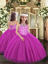  Fuchsia Sleeveless Tulle Lace Up Girls Pageant Dresses for Party and Sweet 16 and Wedding Party
