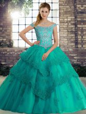 Perfect Brush Train Ball Gowns Sweet 16 Quinceanera Dress Turquoise Off The Shoulder Tulle Sleeveless Lace Up