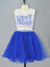 Lace and Appliques Prom Party Dress Royal Blue Zipper Sleeveless Mini Length