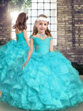  Aqua Blue Straps Lace Up Beading and Ruffles Little Girls Pageant Dress Wholesale Sleeveless