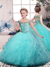  Off The Shoulder Sleeveless Tulle Child Pageant Dress Beading and Ruffles Lace Up