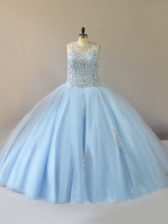 Popular Light Blue Quinceanera Dresses Sweet 16 and Quinceanera with Beading Scoop Sleeveless Lace Up