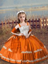  Orange Red Ball Gowns Satin Straps Sleeveless Beading and Embroidery Floor Length Lace Up Child Pageant Dress