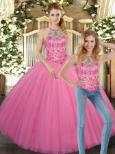  Floor Length Rose Pink Sweet 16 Dress Halter Top Sleeveless Lace Up