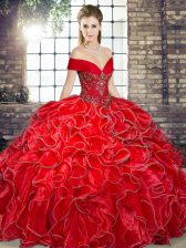 Luxurious Red Ball Gowns Organza Off The Shoulder Sleeveless Beading and Ruffles Floor Length Lace Up 15 Quinceanera Dress